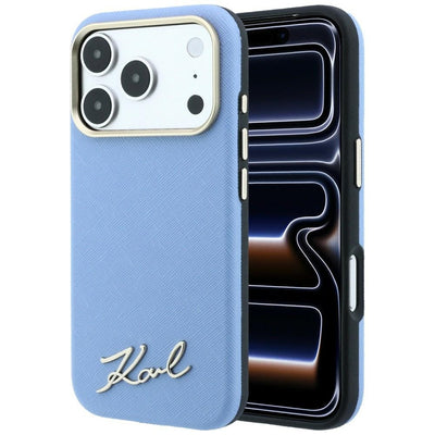 Karl Lagerfeld Saffiano Small Script Metal Logo MagSafe Case for iPhone 17 Pro Max / 18 Pro Max - Light Blue