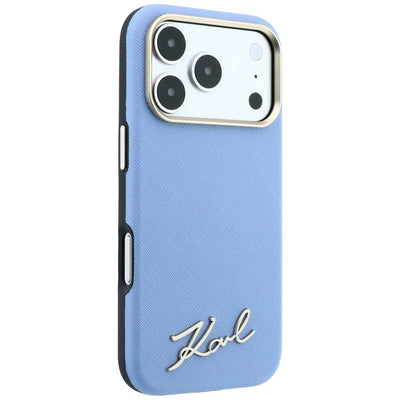 Karl Lagerfeld Saffiano Small Script Metal Logo MagSafe Case for iPhone 17 Pro Max / 18 Pro Max - Light Blue