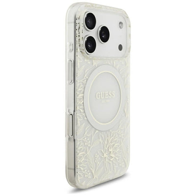 Guess IML Flowers Allover Electroplated with Pearl Strap MagSafe Case for iPhone 18 Pro / 17 Pro - White