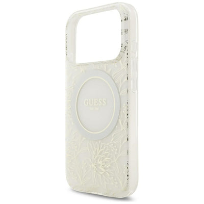 Guess IML Flowers Allover Electroplated with Pearl Strap MagSafe Case for iPhone 18 Pro / 17 Pro - White