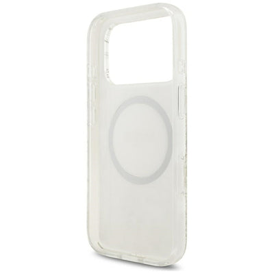 Guess IML Flowers Allover Electroplated with Pearl Strap MagSafe Case for iPhone 18 Pro / 17 Pro - White