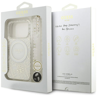 Guess IML Flowers Allover Electroplated with Pearl Strap MagSafe Case for iPhone 18 Pro / 17 Pro - White