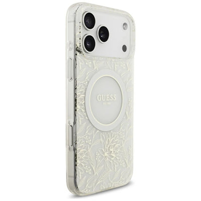 Guess IML Flowers Allover Electroplated with Pearl Strap MagSafe Case for iPhone 18 Pro Max / 17 Pro Max - White