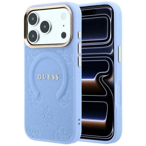 Guess Saffiano Peony &amp; Ring MagSafe case for iPhone 17 Pro Max / 18 Pro Max - light blue