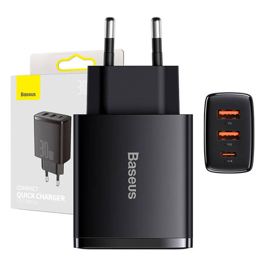 Charger Baseus Compact Quick Charger, 2xUSB, USB-C, PD, 3A, 30W (czarna) - Product Image 1