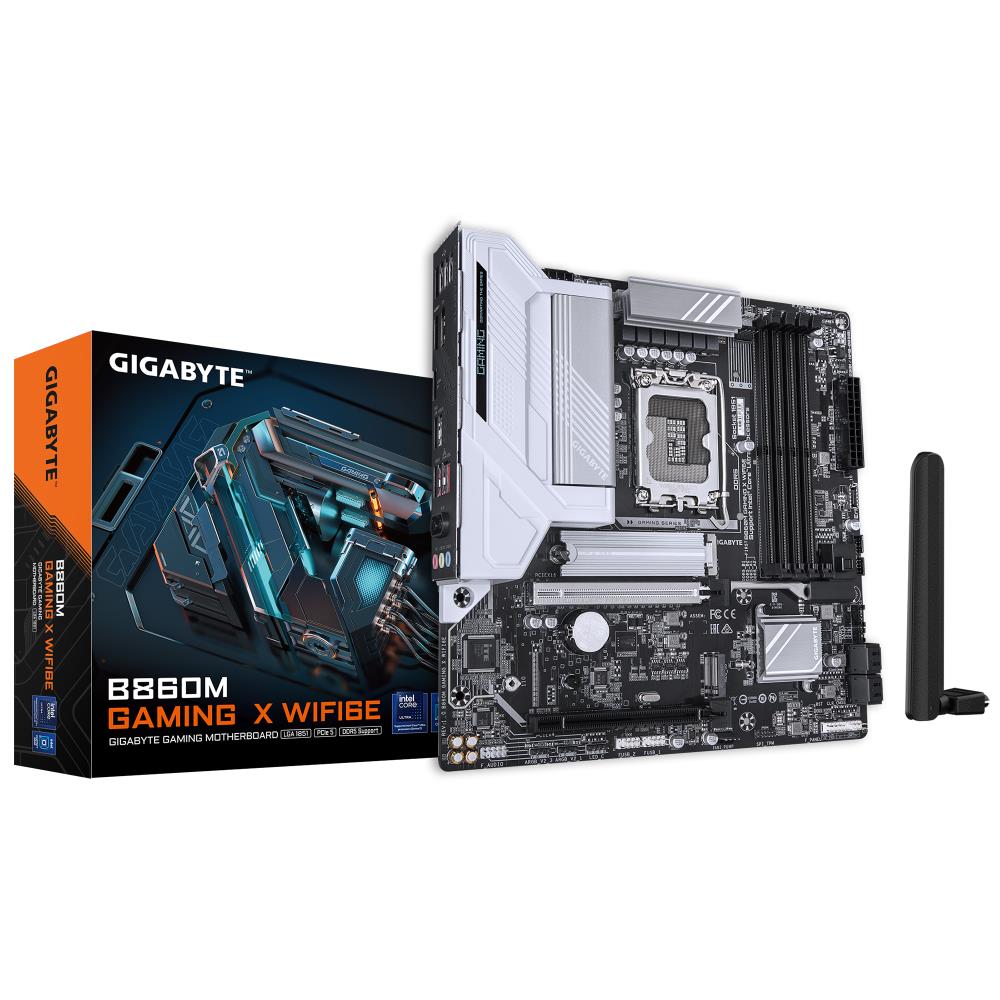 Mainboard GIGABYTE Intel B860 Express LGA1851 Micro-ATX Memory DDR5 Memory slots 4 2xPCI-Express 16x 2xM.2 1xHDMI 1xDisplayPort 1xAudio-In 1xAudio-Out 1xMicrophone 5xUSB 2.0 3xUSB 3.2 1xUSB-C 1xRJ45 B860MGAMINGXWIFI6E1.0
