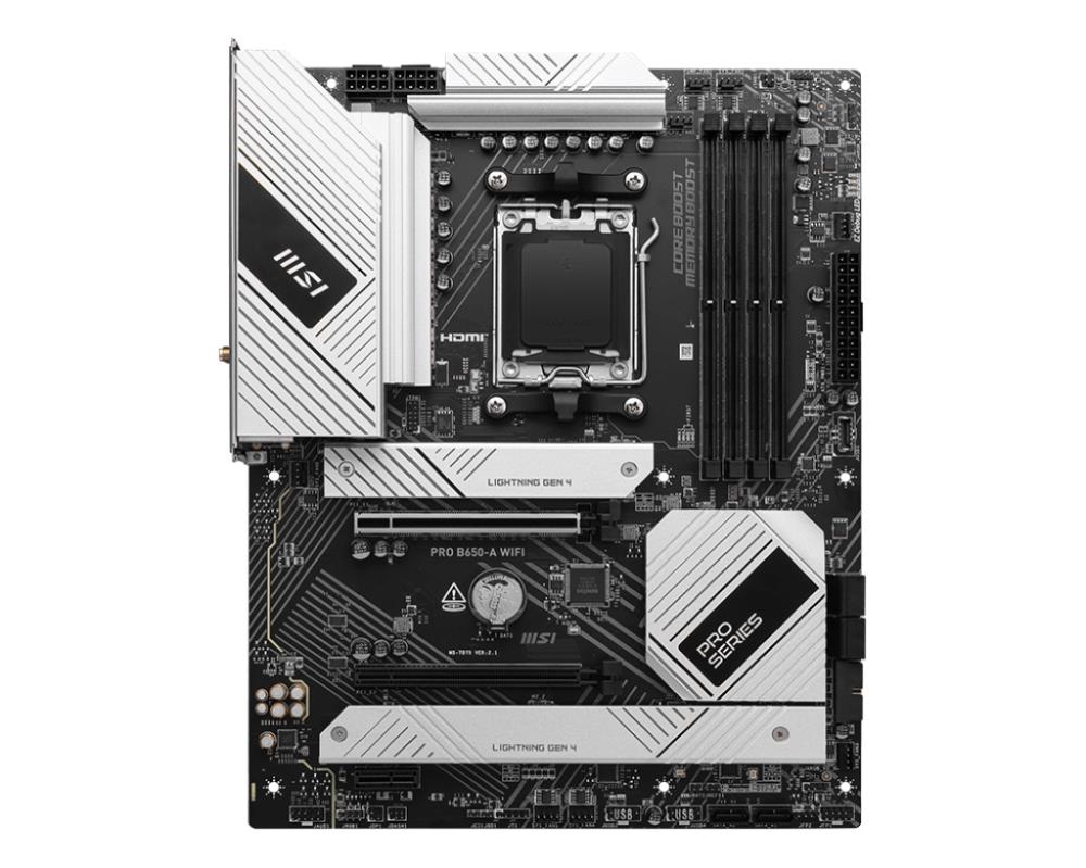 Mainboard MSI AMD B650 SAM5 ATX Memory DDR5 Memory slots 4 1xPCI-Express 3.0 1x 1xPCI-Express 4.0 2x 1xPCI-Express 4.0 16x 3xM.2 1xHDMI 1xDisplayPort 2xUSB 2.0 7xUSB 3.2 1xUSB-C 1xOptical S/PDIF 1xRJ45 3xAudio port PROB650-AWIFI