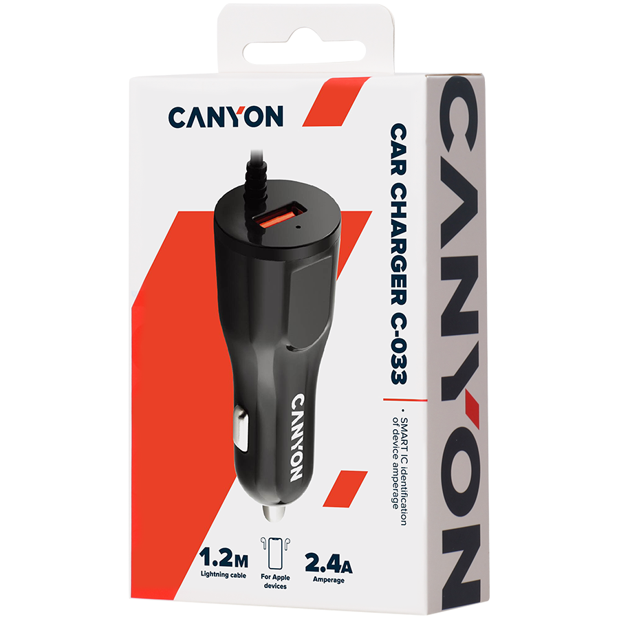 CANYON car charger C-033 2.4A/USB-A built-in Lightning Black