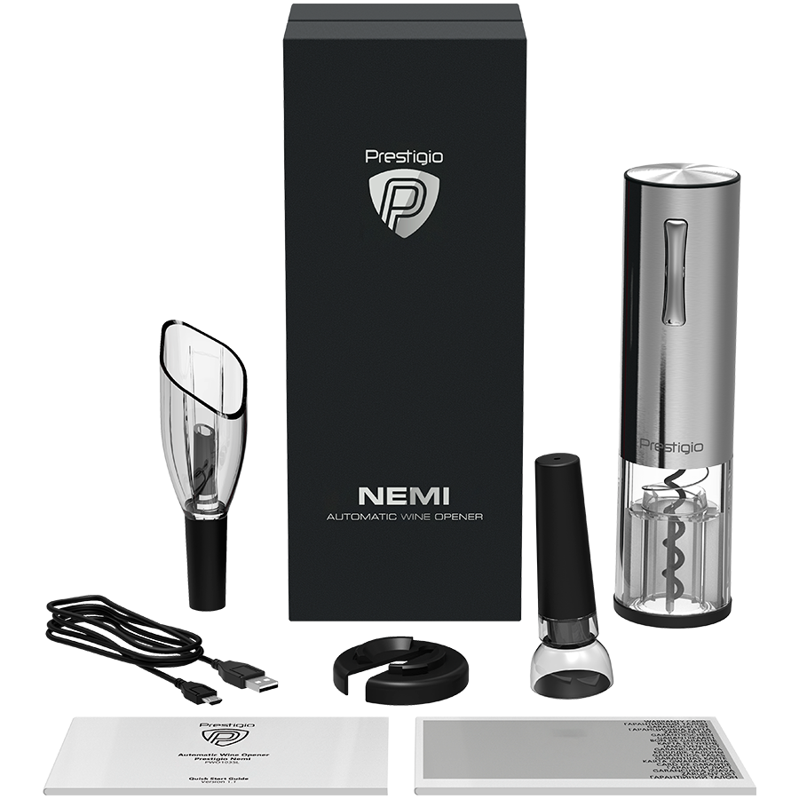 Nemi, Electric wine opener, aerator, vacuum preserver, Silver color — PRESTIGIO