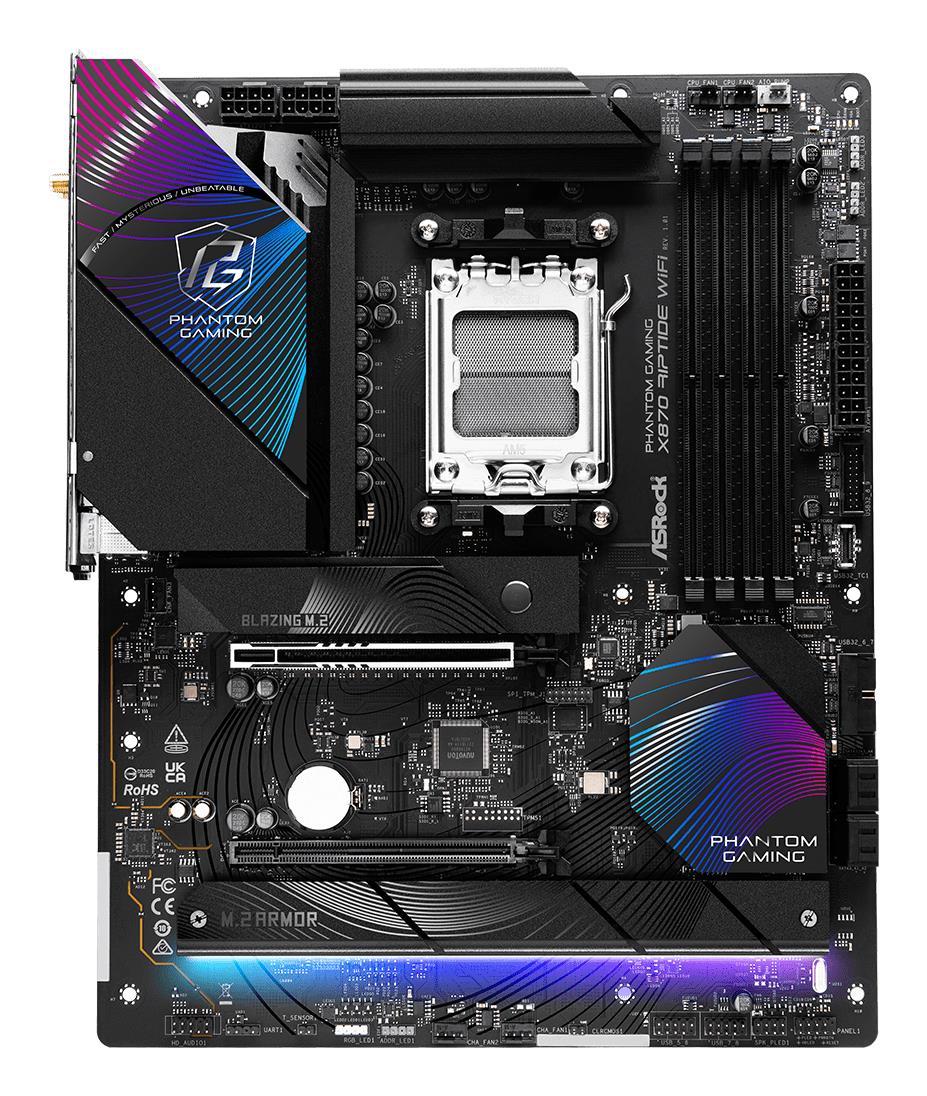 Mainboard ASROCK AMD X870 SAM5 ATX Memory DDR5 Memory slots 4 1xPCI-Express 4.0 16x 1xPCI-Express 5.0 16x 4xM.2 1xHDMI 4xUSB 2.0 5xUSB 3.2 2xUSB-C 1xOptical S/PDIF 1xRJ45 2xAudio port X870RIPTIDEWIFI