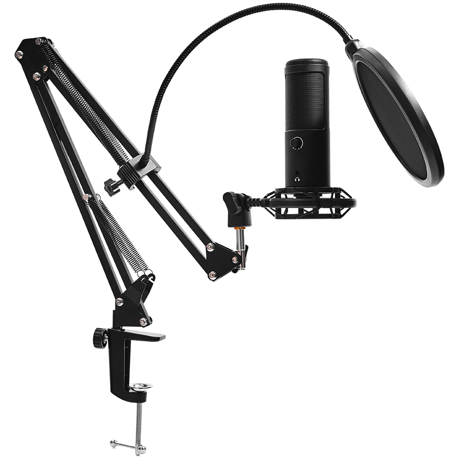 LORGAR Voicer 931, Gaming Microphone, Black, USB condenser microphone with boom arm stand, pop filter, tripod stand. includin