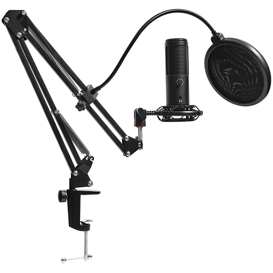 LORGAR Voicer 931, Gaming Microphone, Black, USB condenser microphone with boom arm stand, pop filter, tripod stand. includin