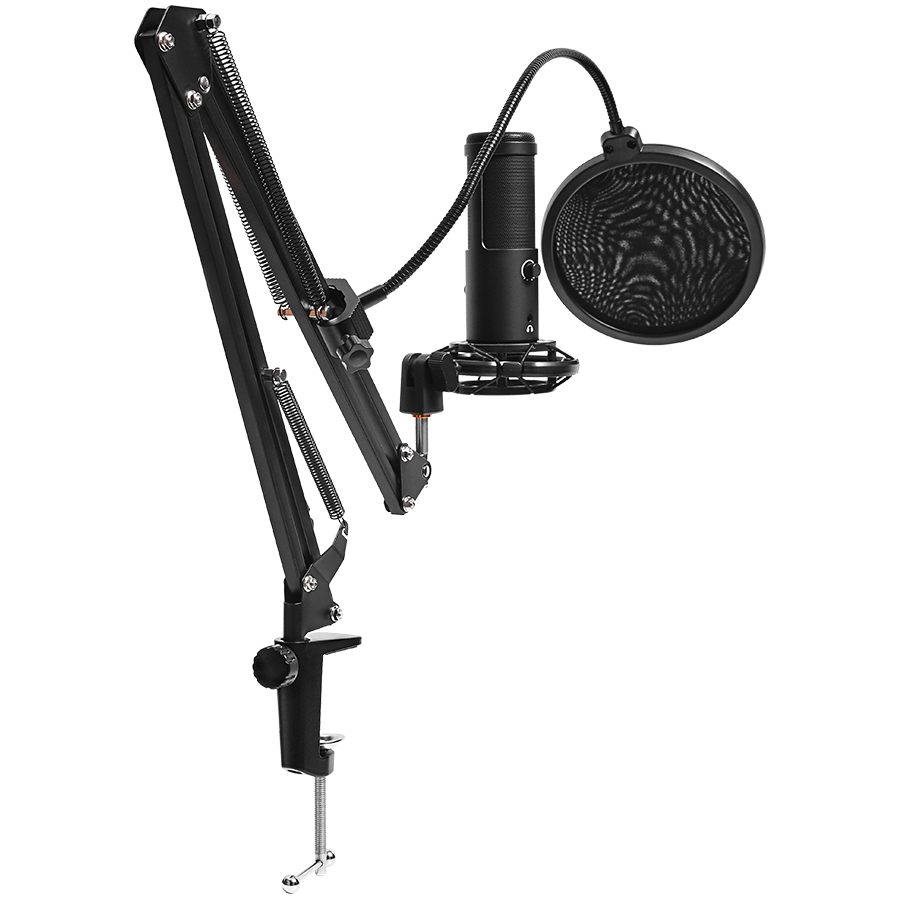 LORGAR Voicer 931, Gaming Microphone, Black, USB condenser microphone with boom arm stand, pop filter, tripod stand. includin