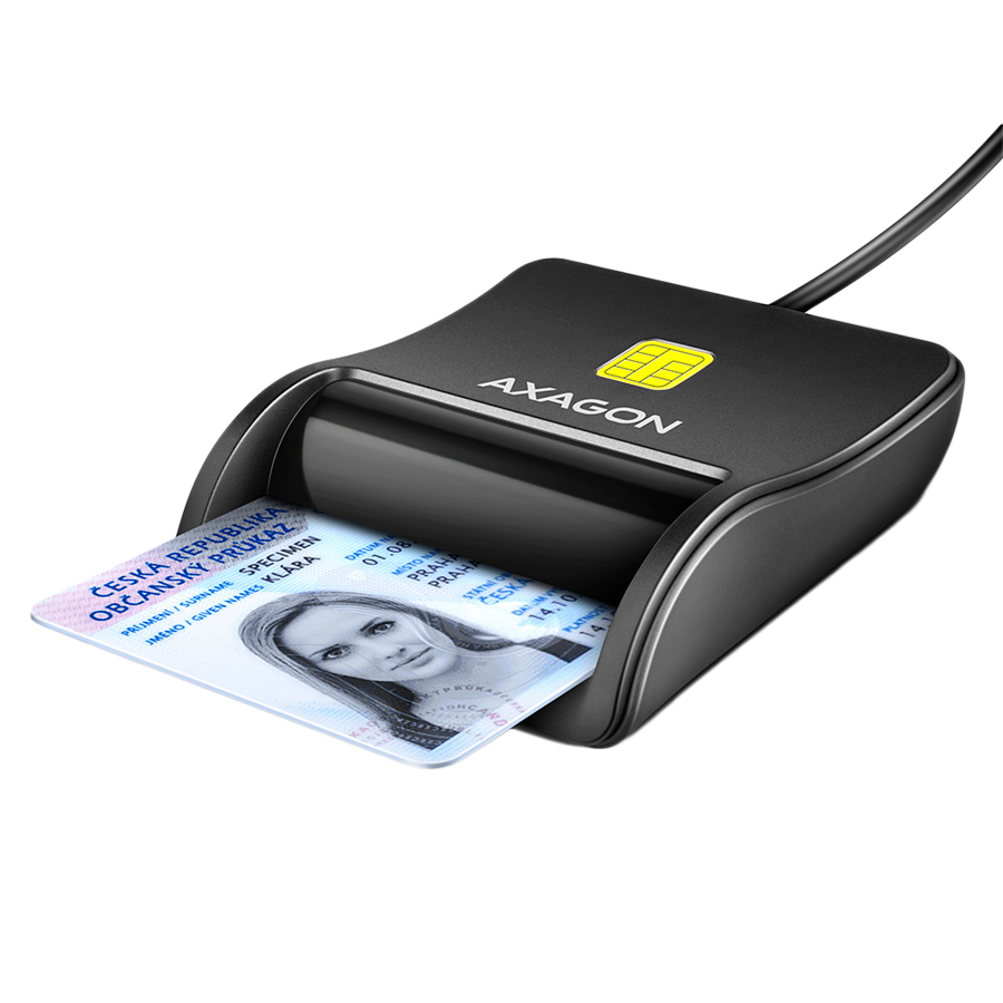 Compact desktop USB contact Smart / ID card reader with long, USB-A cable. — AXAGON