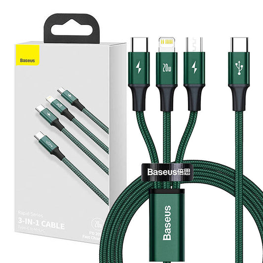 Baseus Rapid Series 3-in-1 cable USB-C For M+L+T 20W 1.5m (Green ) - Product Image 1