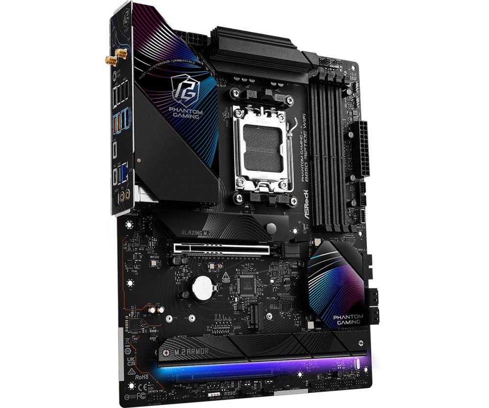 Mainboard ASROCK AMD B850 SAM5 ATX Memory DDR5 Memory slots 4 1xPCI-Express 4.0 16x 1xPCI-Express 5.0 16x 1xM.2 1xHDMI 1xAudio-In 1xAudio-Out 8xUSB 2.0 9xUSB 3.2 3xUSB-C 1xOptical S/PDIF 1xRJ45 B850RIPTIDEWIFI