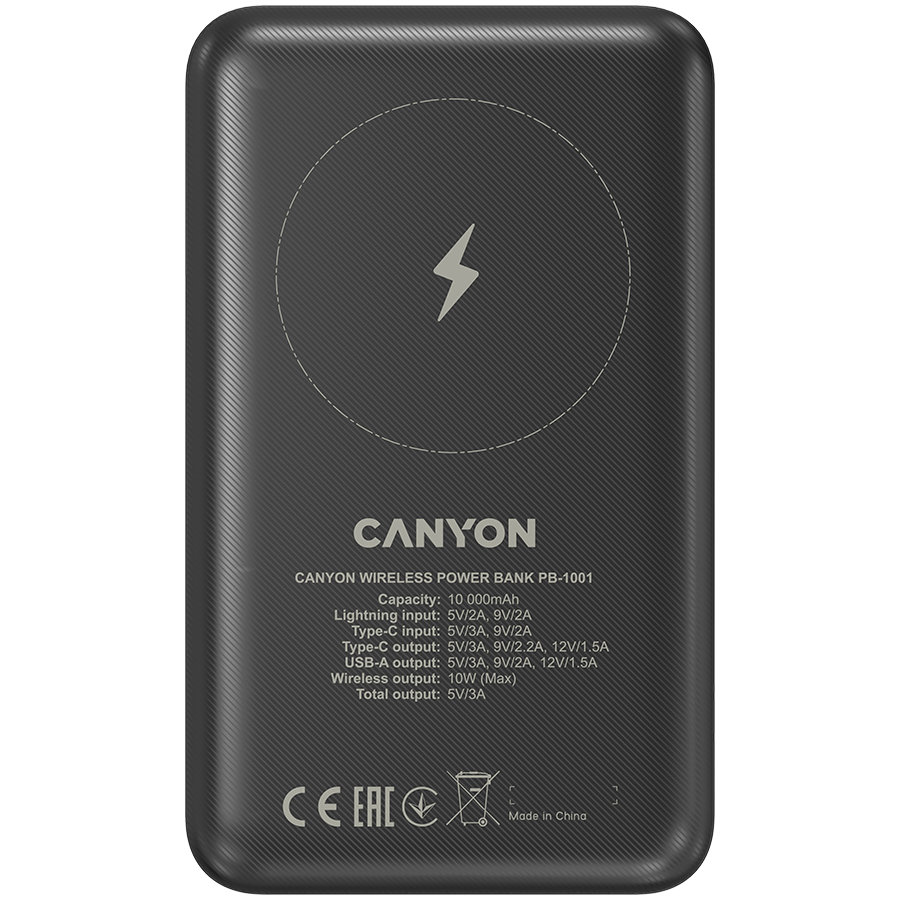 CANYON power bank PB-1001 10000 mAh PD 18W QC 3.0 Wireless 10W Black