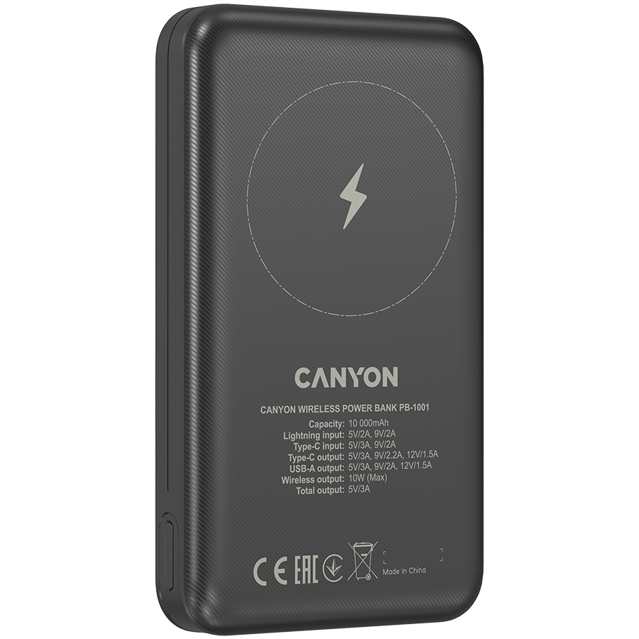CANYON power bank PB-1001 10000 mAh PD 18W QC 3.0 Wireless 10W Black