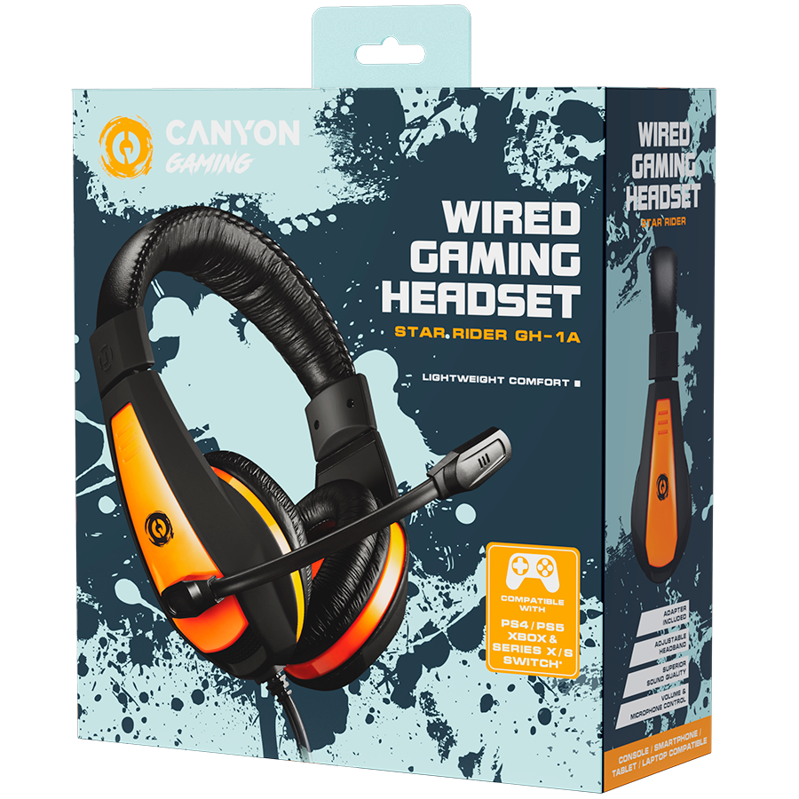 CANYON Star Raider GH-1A, Gaming headset 3.5mm jack with adjustable microphone and volume control, with 2in1 3.5mm adapter, c