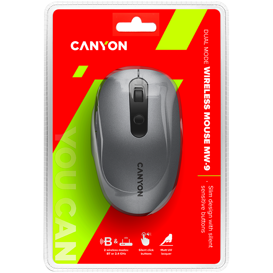CANYON MW-9, 2 in 1 Wireless optical mouse with 6 buttons, DPI 800/1000/1200/1500, 2 mode(BT/ 2.4GHz), Battery AA*1pcs, Grey,