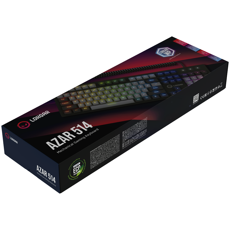LORGAR Azar 514, Wired mechanical gaming keyboard, RGB backlight, 1680000 colour variations, 18 modes, keys number: 104, 50M 