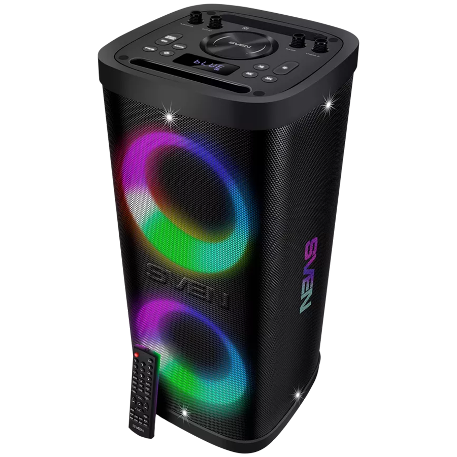 Portable speaker SVEN PS-950, black, power output 2x80W (RMS), TWS, Bluetooth, IPx4, FM, USB, microSD, LED-display, lithium b