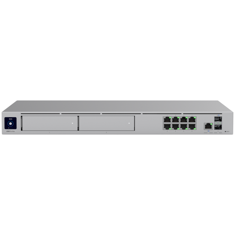 Ubiquiti rack-mount Cloud Gateway with 10 Gbps performance, multi-WAN load balancing, and two NVR drive bays designed for lar