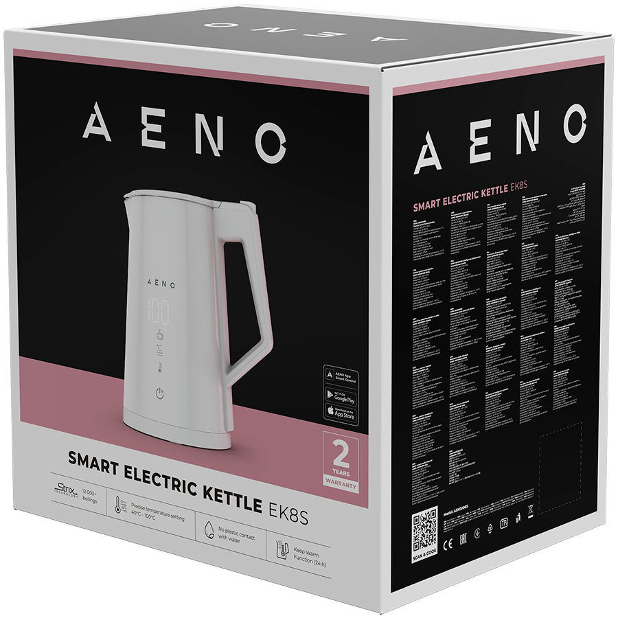 AENO Electric Kettle EK8S Smart: 1850-2200W, 1.7L, Strix, Double-walls, Temperature Control, Keep warm Function, Control via 