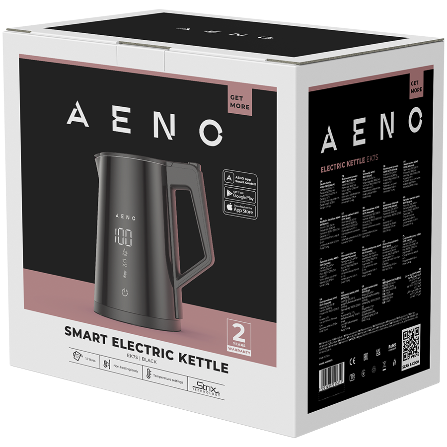 AENO Electric Kettle EK7S Smart: 1850-2200W, 1.7L, Strix, Double-walls, Temperature Control, Keep warm Function, Control via 