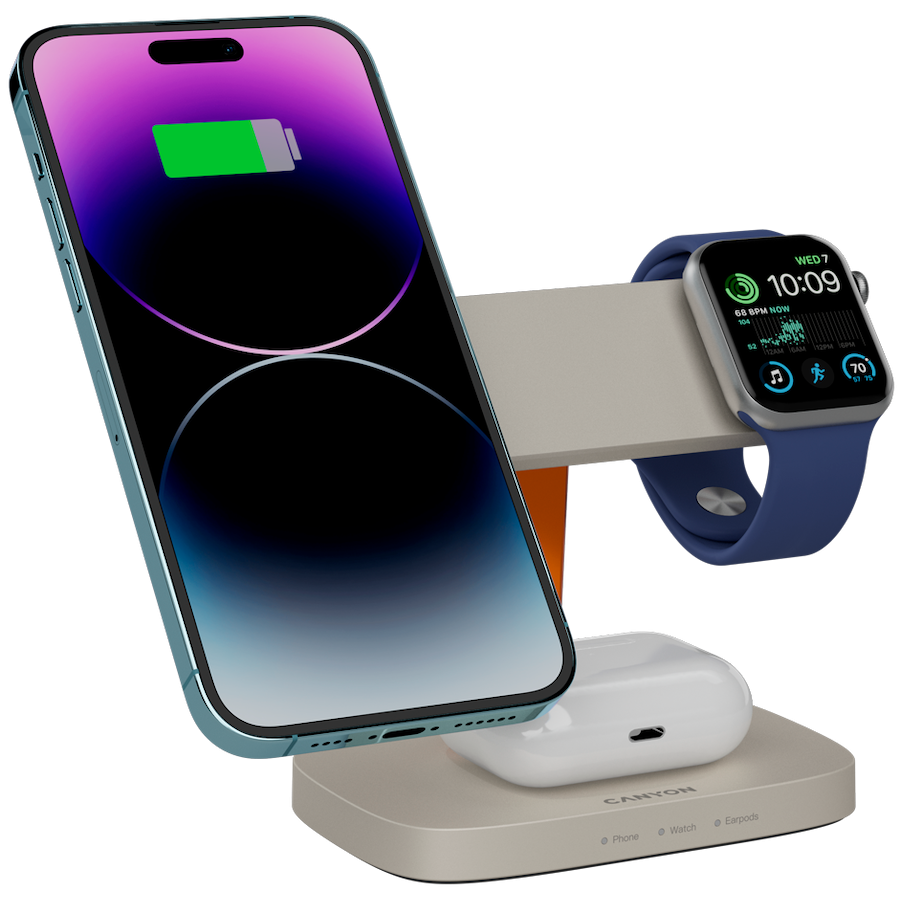 CANYON Wireless Charging Station Hexagon 310 3in1 LightGrey/Orange