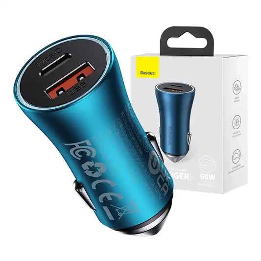 Baseus Golden Contactor Max car charger, USB + USB-C, 60W (blue) - Product Image 1