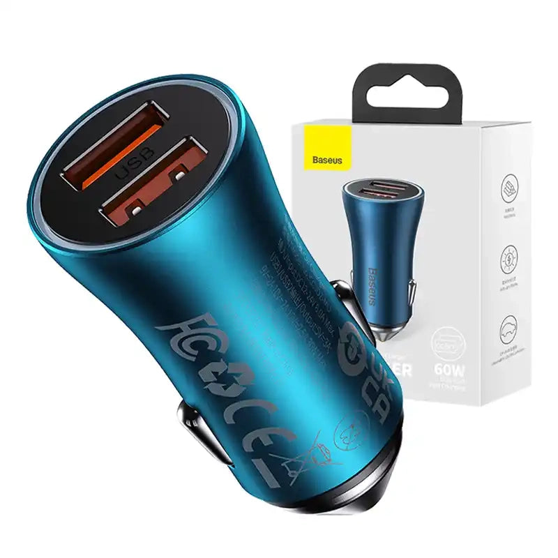 Baseus Golden Contactor Max car charger, 2x USB, 60W (blue) - Product Image 1