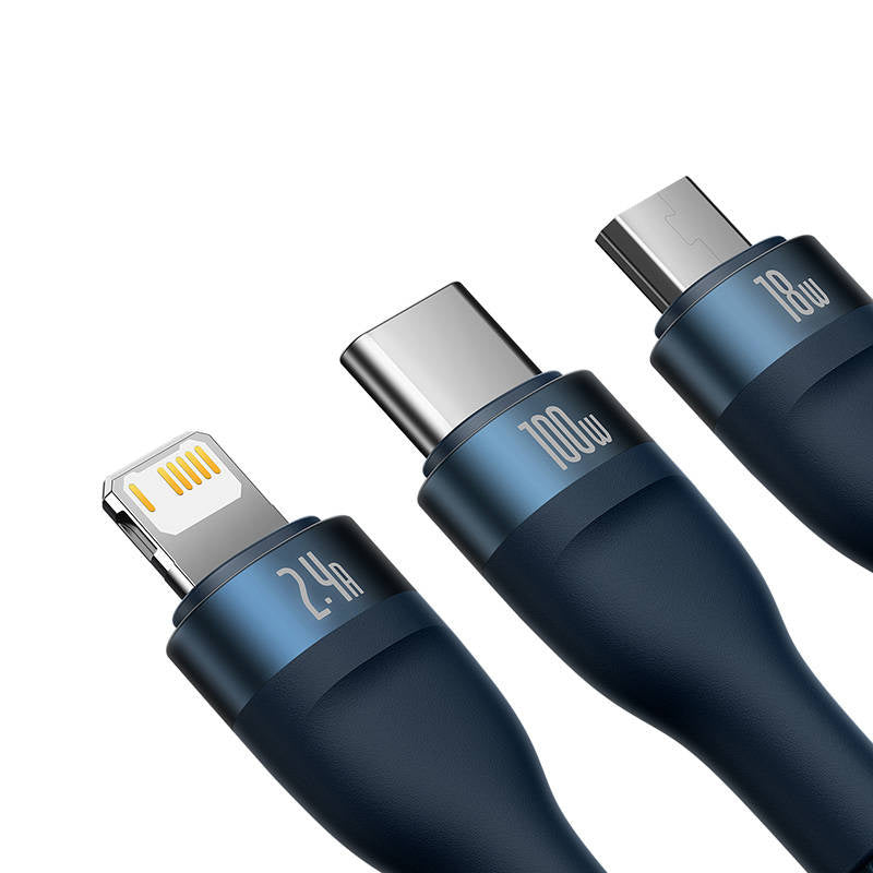3in1 USB cable Baseus Flash Series, USB-C + micro USB + Lightning, 100W, 1.2m (blue) - Product Image 3