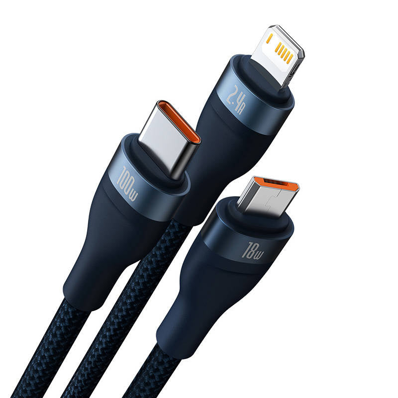3in1 USB cable Baseus Flash Series, USB-C + micro USB + Lightning, 100W, 1.2m (blue) - Product Image 8
