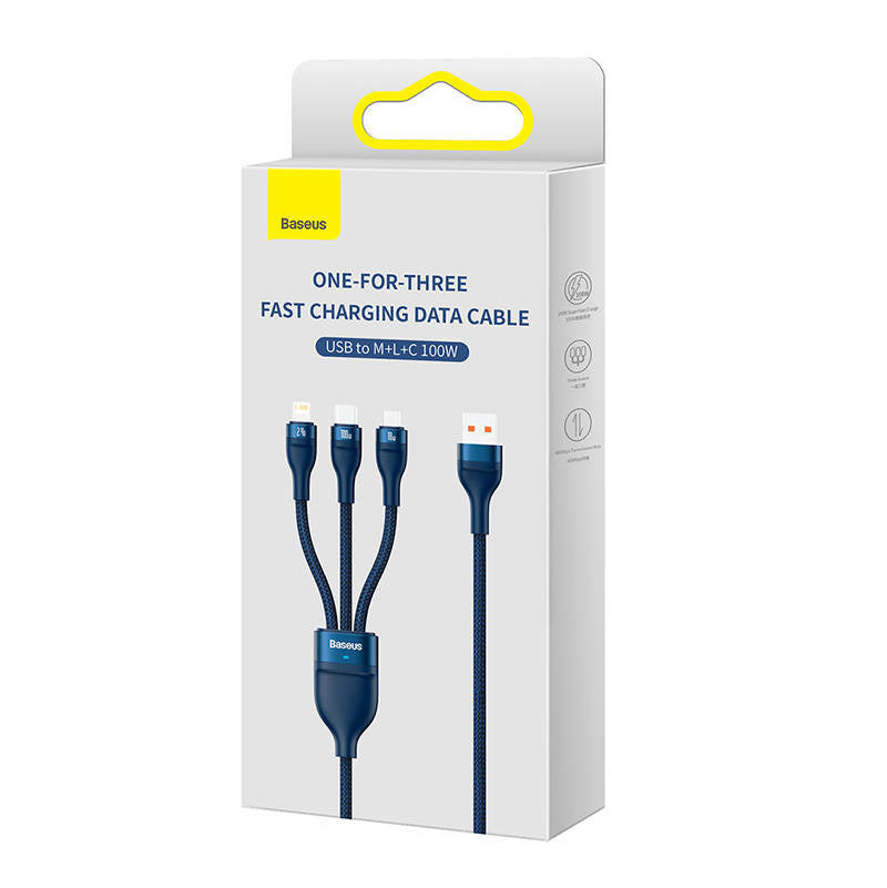 3in1 USB cable Baseus Flash Series, USB-C + micro USB + Lightning, 100W, 1.2m (blue) - Product Image 7