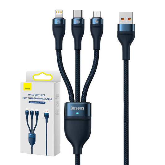 3in1 USB cable Baseus Flash Series, USB-C + micro USB + Lightning, 100W, 1.2m (blue) - Product Image 1