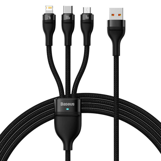 3in1 USB cable Baseus Flash Series, USB-C + micro USB + Lightning, 100W, 1.2m (black) - Product Image 2