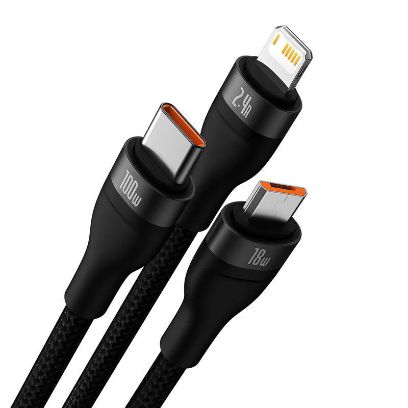 3in1 USB cable Baseus Flash Series, USB-C + micro USB + Lightning, 100W, 1.2m (black) - Product Image 3