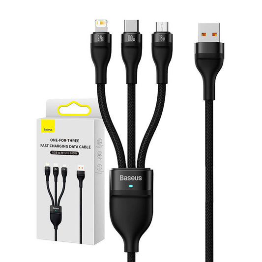 3in1 USB cable Baseus Flash Series, USB-C + micro USB + Lightning, 100W, 1.2m (black) - Product Image 1