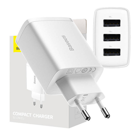 Baseus Compact Quick Charger, 3x USB, 17W (White) - Product Image 1