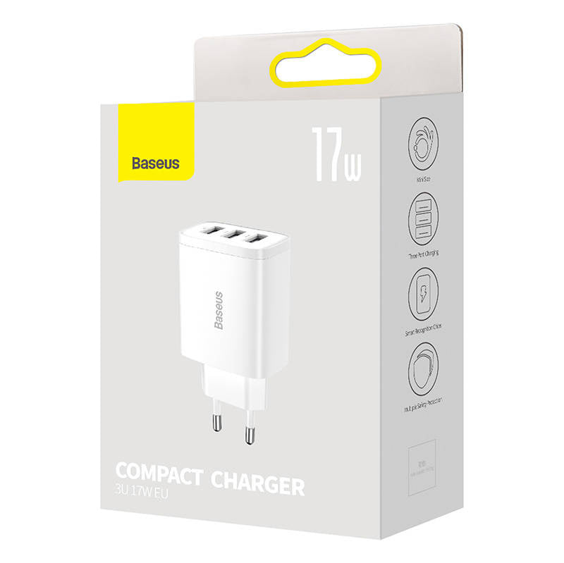 Baseus Compact Quick Charger, 3x USB, 17W (White) - Product Image 7