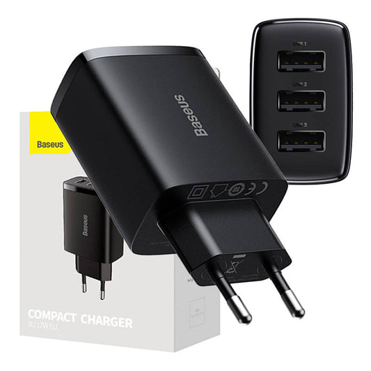 Baseus Compact Quick Charger, 3x USB, 17W (Black) - Product Image 1