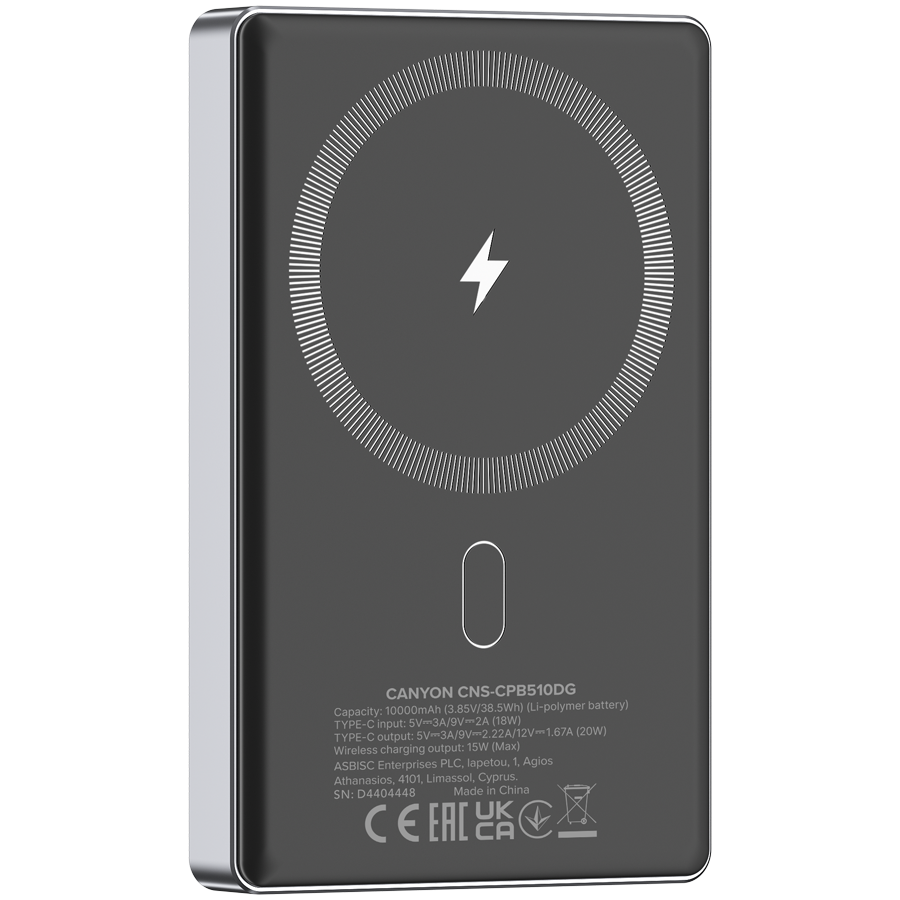 CANYON power bank OnPower 510 slim Magnetic 10000 mAh PD20W Dark Grey