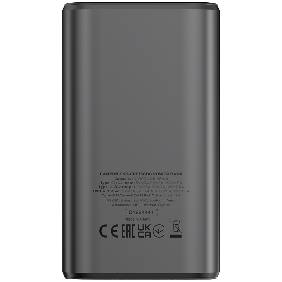 CANYON power bank OnPower 130 TFT 10000 mAh PD30W Dark Grey