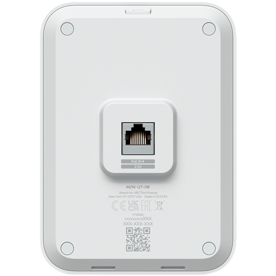 Ubiquiti UniFin U70IW Wall mounted WiFi 7 AP with 4 spatial streams and an integreated 2.5GbE PoE switch desined for hospital