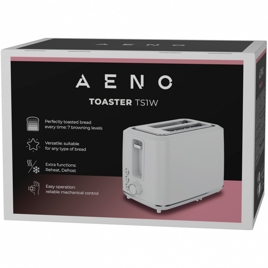 Electric Toaster, white, 220-240V, 50-60Hz, 920-1080W, 2 slots, 3 modes, 7 browning levels — AENO