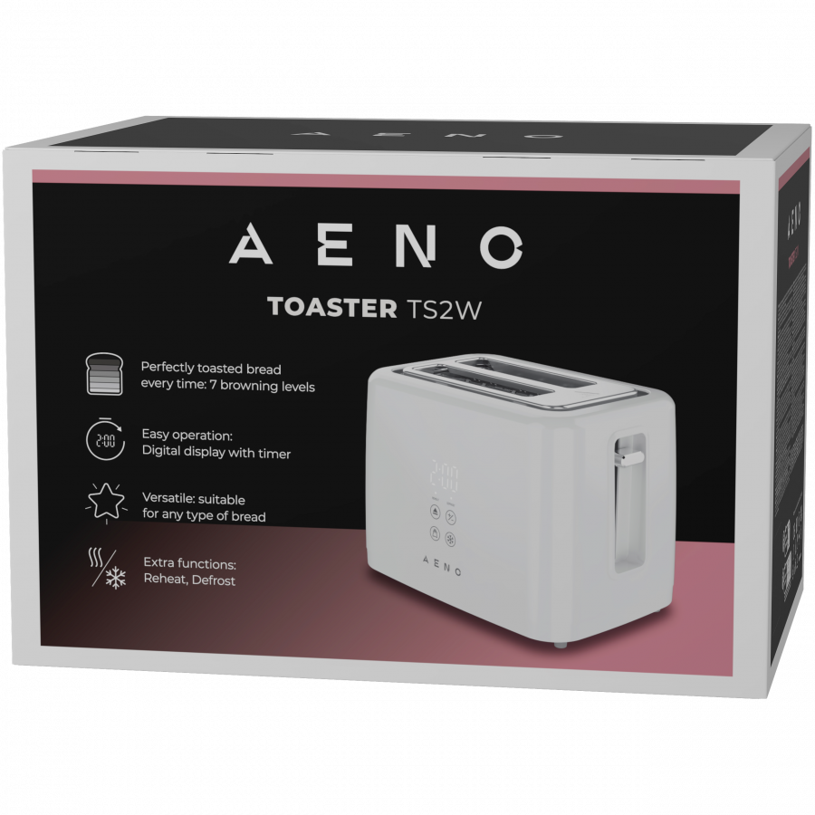 Electric Toaster, White, 220-240V, 50-60Hz, 780-930W, 2 slots, 3 modes, 7 browning levels — AENO