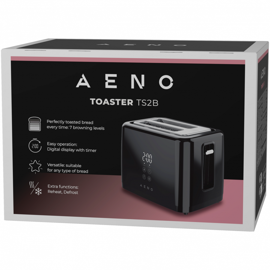 Electric Toaster, black, 220-240V, 50-60Hz, 780-930W, 2 slots, 3 modes, 7 browning levels — AENO