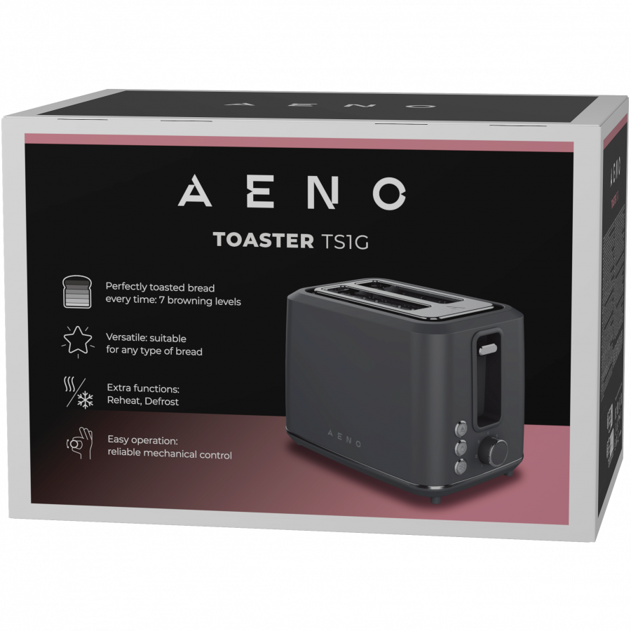Electric Toaster, Grey, 220-240V, 50-60Hz, 920-1080W, 2 slots, 3 modes, 7 browning levels — AENO