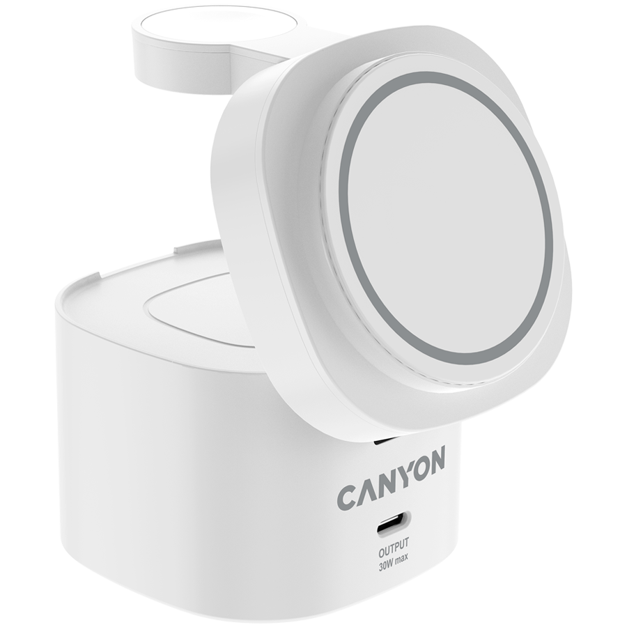 Canyon 4 in 1 Wireless Charging Stand, 30W max, Size: 70x70x70.3mm, weight: 414g, with 65W charger and 1M cable, white
